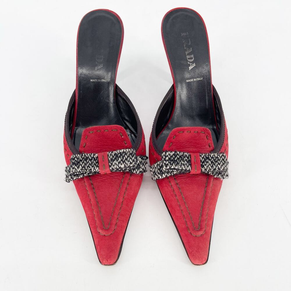 Prada Vintage Red Suede Tweed Bow Pointed Toe Kitten Heel Mule Heels IT 36.5 - Picture 3 of 11